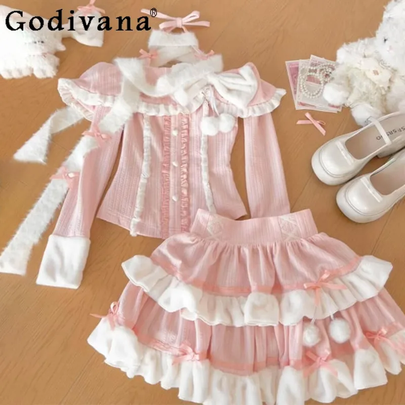 

Sweet Fashion Japanese Style Outfits Women Cute Bow Sweet Top Puff Short Skirt Two Piece Set Female Princess Lolita Suits