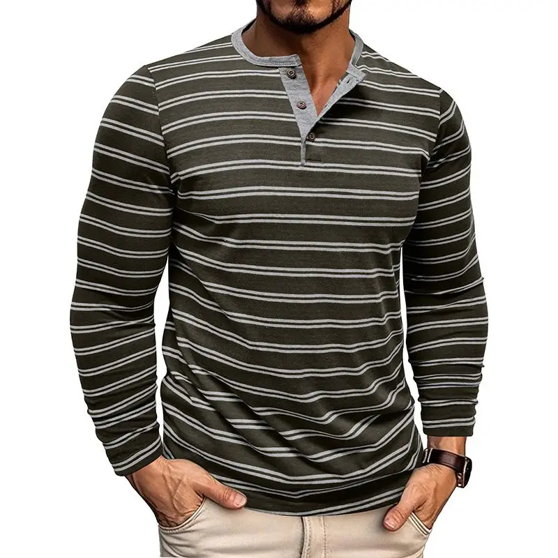 Autumn Men's Henley Collar Long Sleeved T-shirts Striped Casual Tops Button T Shirt Male Soft Comfy