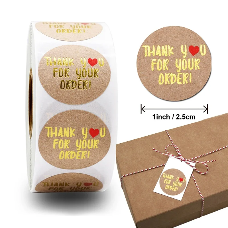 500Pcs Natural Kraft Thank You For Your Order Stickers Gold Foil Heart Wedding Pretty Gift Cards Envelope Sealing Label Stickers