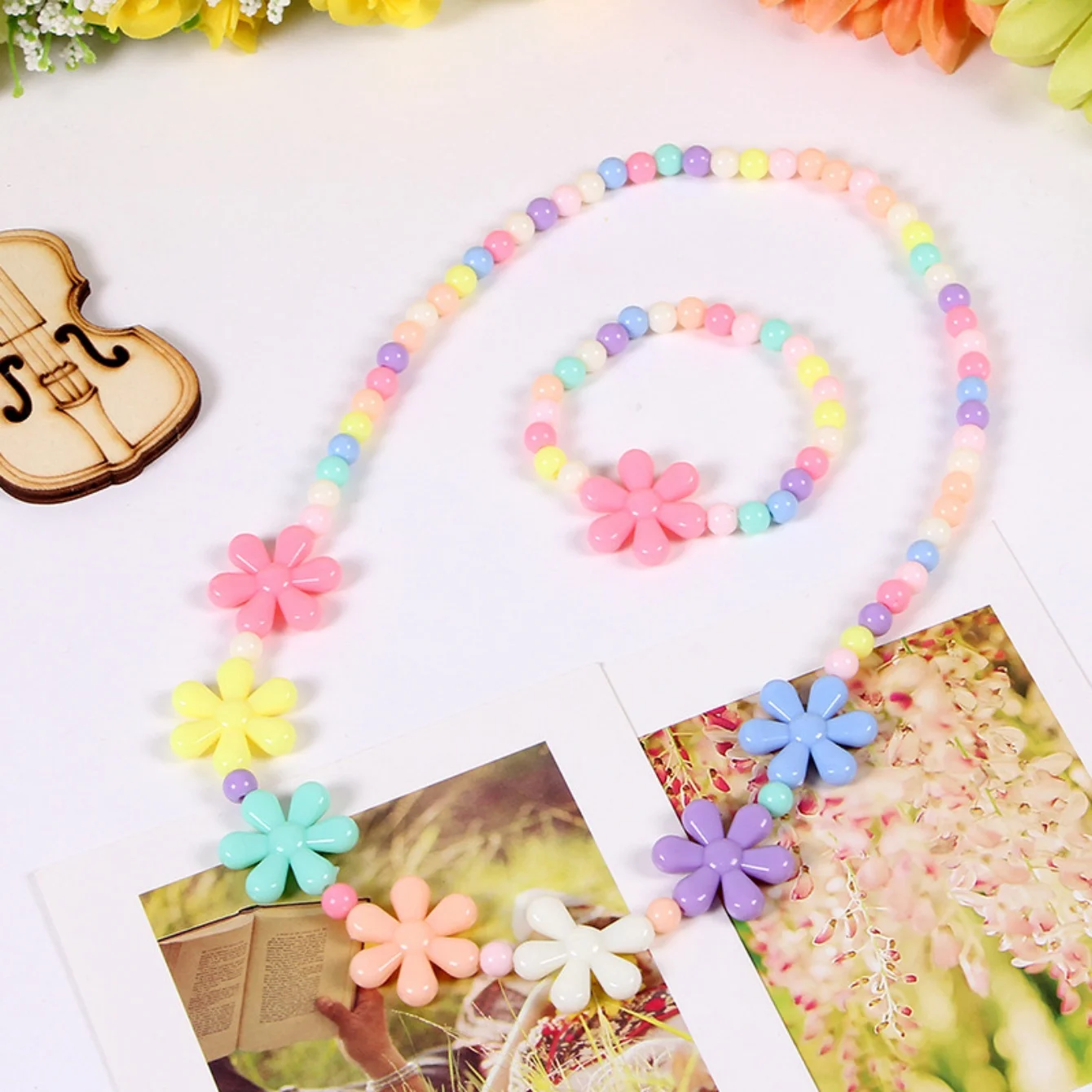 Candy Color Beads Necklace Bracelet Jewelry Flower Bow Strawberry Necklace Bracelet 2pc/set Children Party Girl Birthday Gift