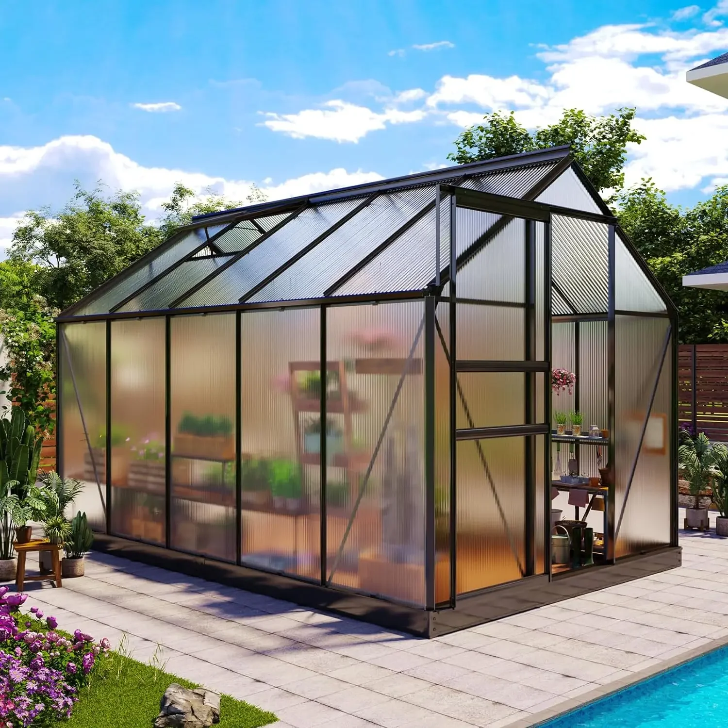 

6x10ft Polycarbonate Greenhouse, Heavy Duty Walk-in Aluminum Greenhouse for Outdoors, with Ventilation Window, Sliding Door