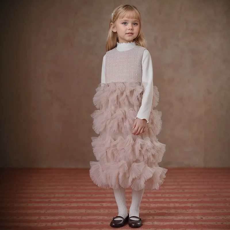 

3-15Y Elegant Kid Girl Dress Tulle Layered Dress Sleeveless Princess Costume Wedding Party Costume Baby Girl Clothes Child