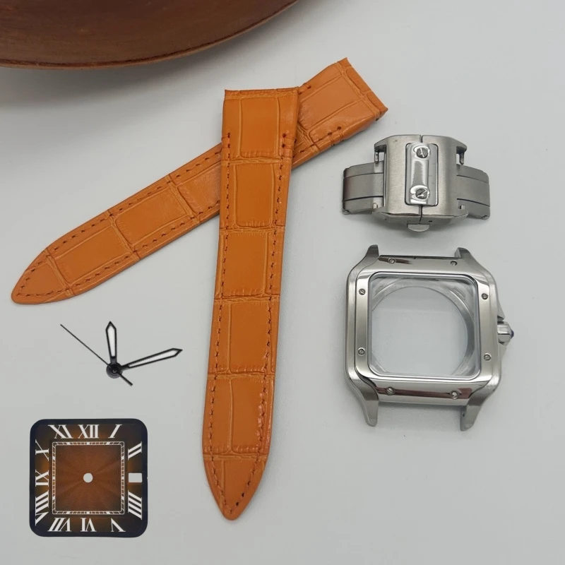 Top 38mm Gold Black Square Watch Case Leather Strap for Sandoz NH36 NH35 NH70 Movement 27mm Watch Dial Hands Repair Modification