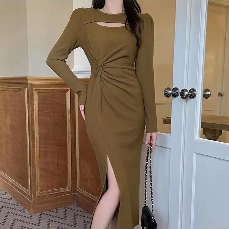 Fall Elegant Long Sleeve Women Dress Fashion Folds Side Slit Pencil Dress High Waist Streetwear Solid All Match Midi Dress New