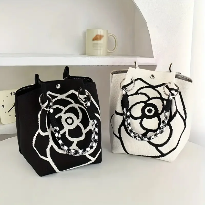 Korean Style Large Capacity Bucket Handbag Knitted Tea Flower Design Casual Versatile Commuting Portable Handheld Bag