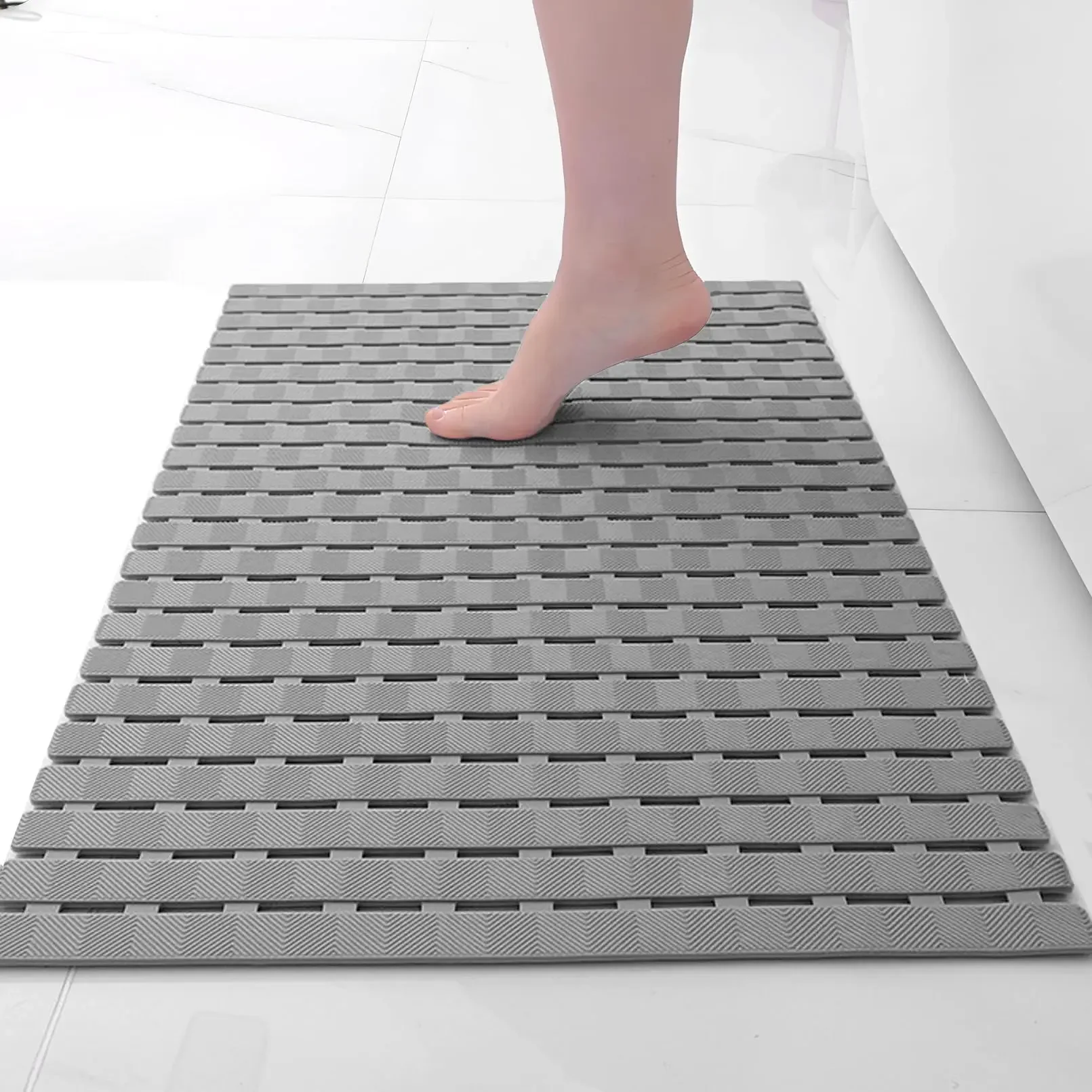 Non Slip Shower Mat with Strong Suction Cups Quick Drain Hollow Design Rollable PVC Bathroom Bath Mat for Shower Tub Wet Floor