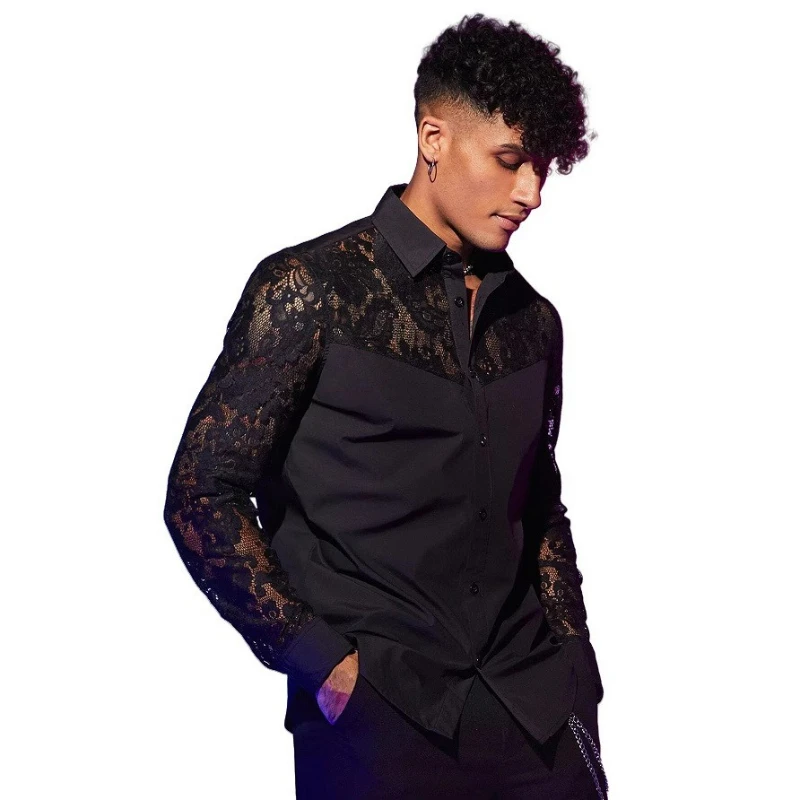 

Мужские рубашки, сексуальные кружевные рубашки с длинным рукавом и отложным воротником, мужская однобортная рубашка на пуговицах, однотонная, лето 2023 г.