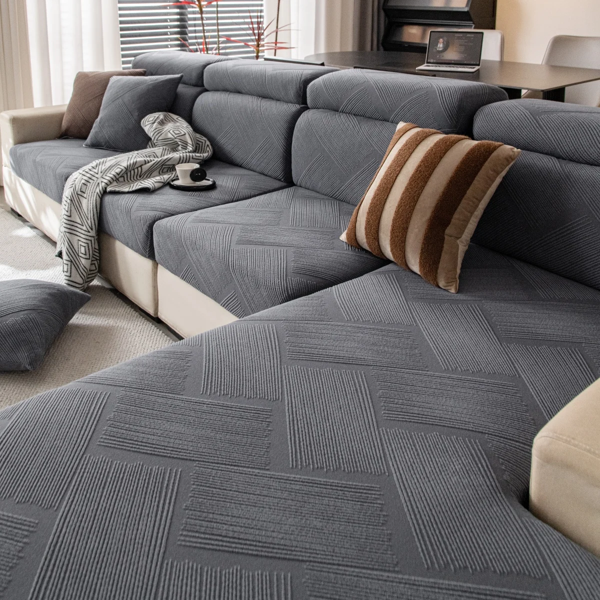 1 Stück Geometrischer Jacquard-Polarfleece-Sofabezug Dehnbarer Elastischer Schutz Geeignet für Alle Sitzgruppen-Sofas