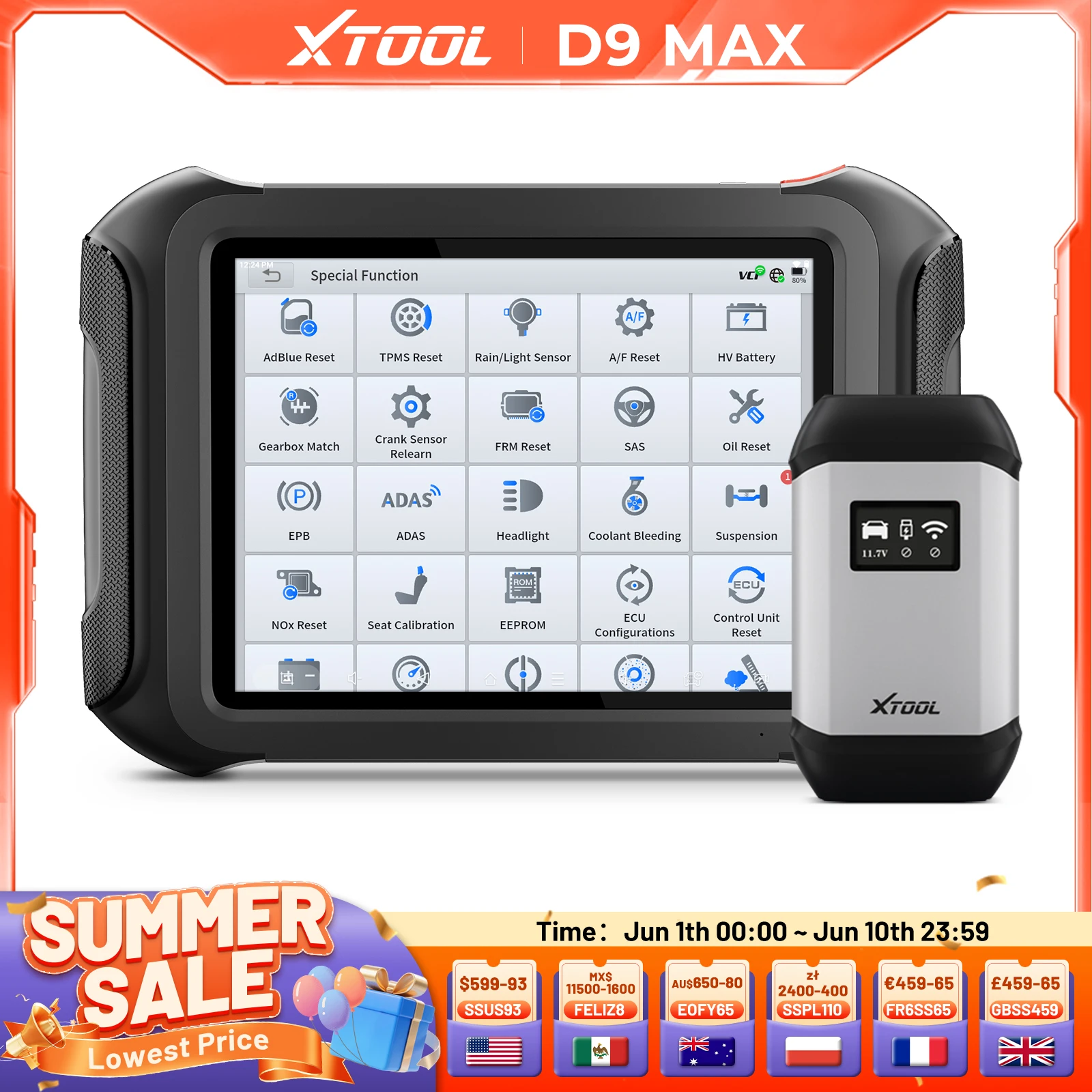 

XTOOL D9 MAX Bluetooth Automotive Scanner J2534 ECU Programmer Wireless Diagnostic Tool ECU Coding with 45+ Reset CAN DOIP FCA