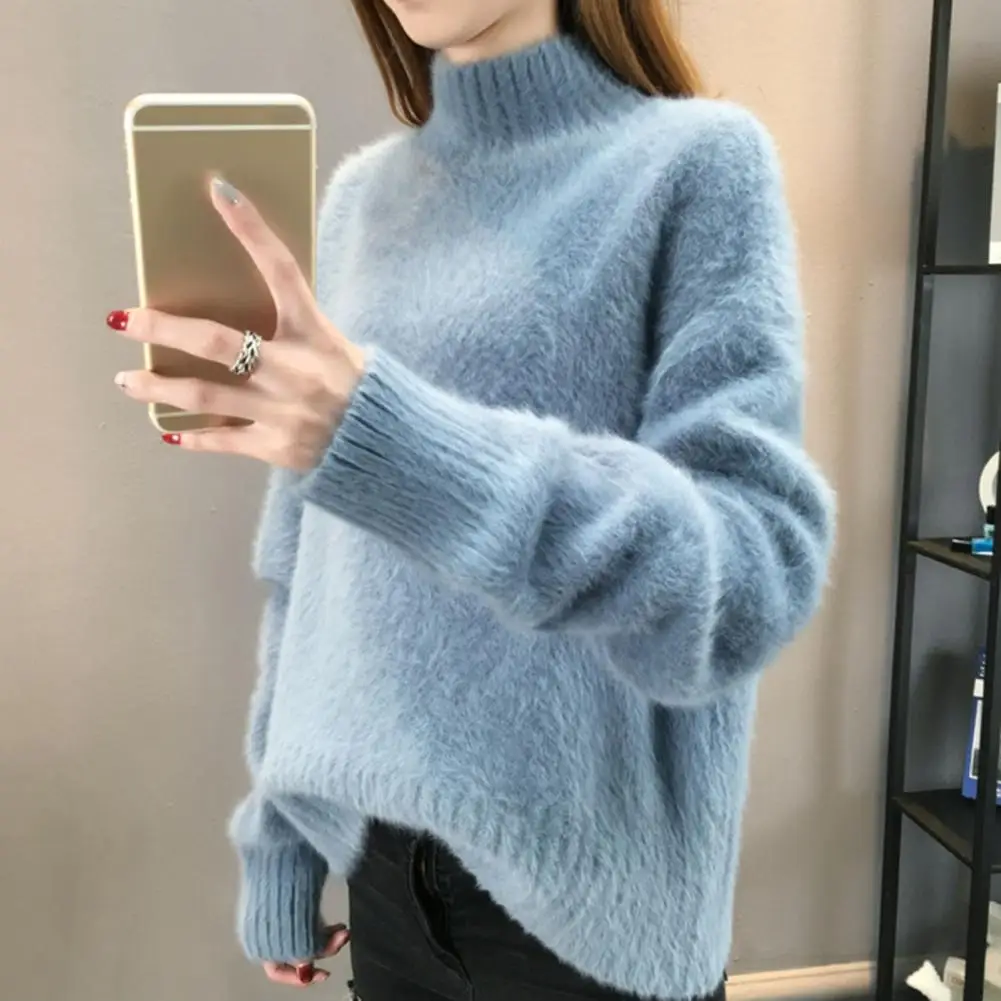 

Warm Women Sweater Cozy Women's Knitwear Collection Half High Collar Sweater Ribbed Trim Knit Top Elastic Pullover for Winter