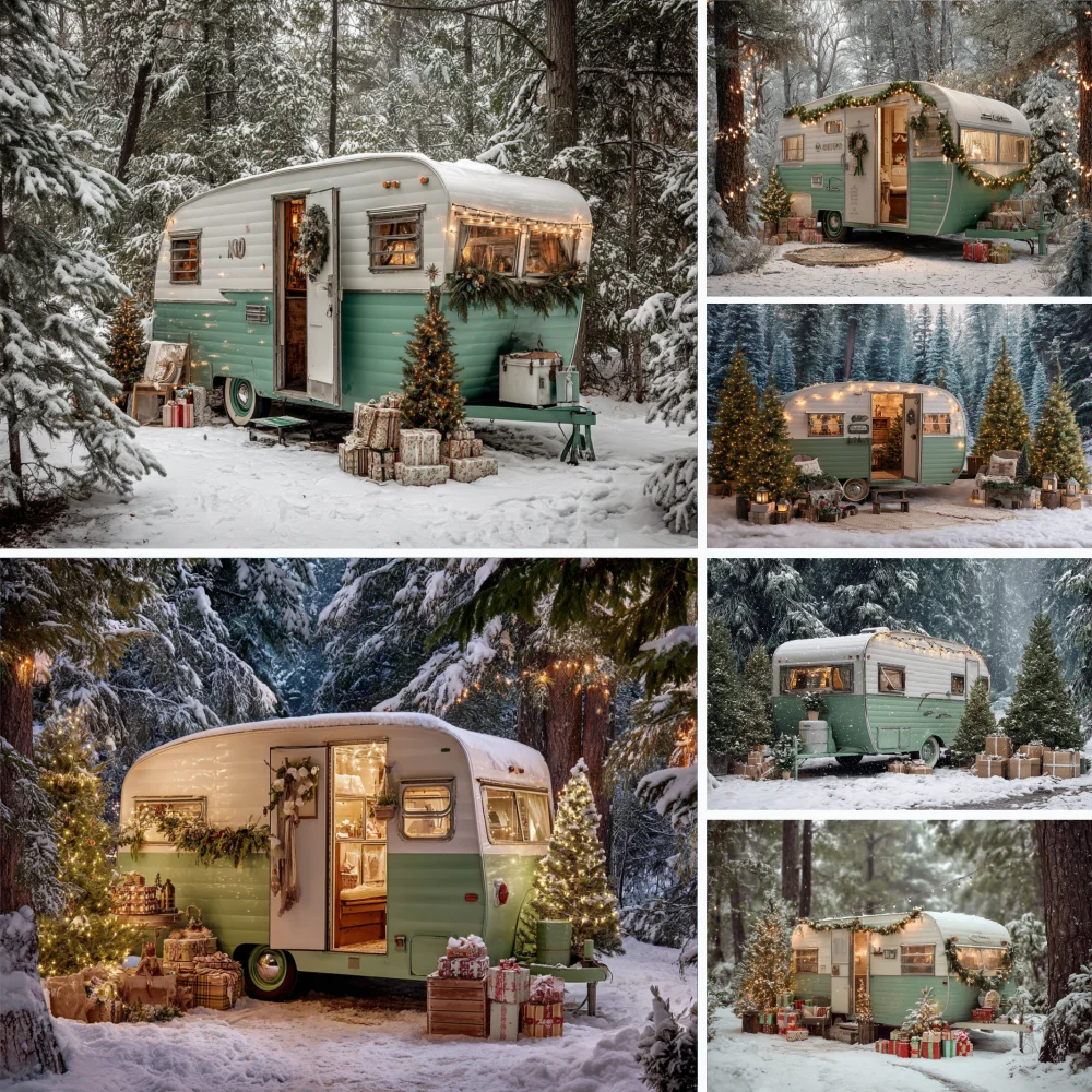 

Photography Background Winter Christmas Snowy Forest Green Car Gift Xmas Tree Kids Family Portrait Decor Backdrop Photo Studi