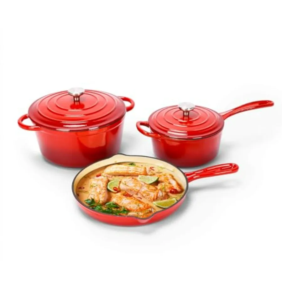 

5-Piece Enameled Cast Iron Cookware Set - Dutch Oven, Sauce Pan & Skillet with Lids, PFOA-Free, Induction Compatible, Rouge Red