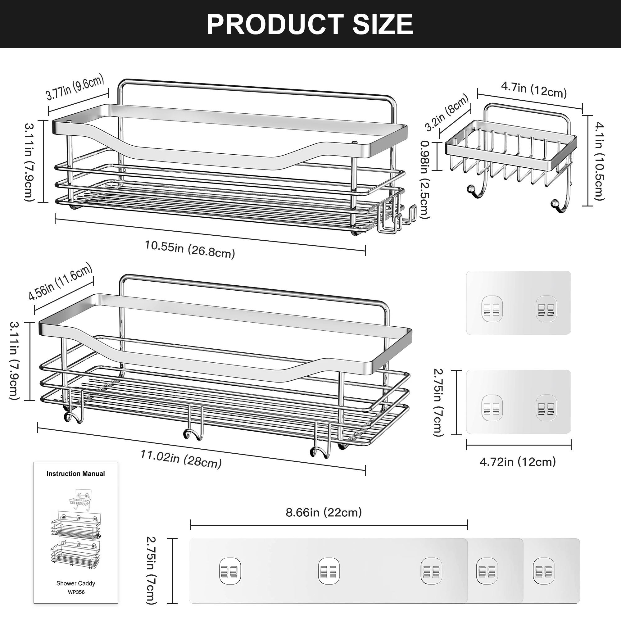 Imagem -06 - Wall Mounted Storage Rack Prateleiras de Banho de Prata Shampoo Sabão Titular com Gancho sem Perfuração Chuveiro Cesta Pcs Aço Inoxidável