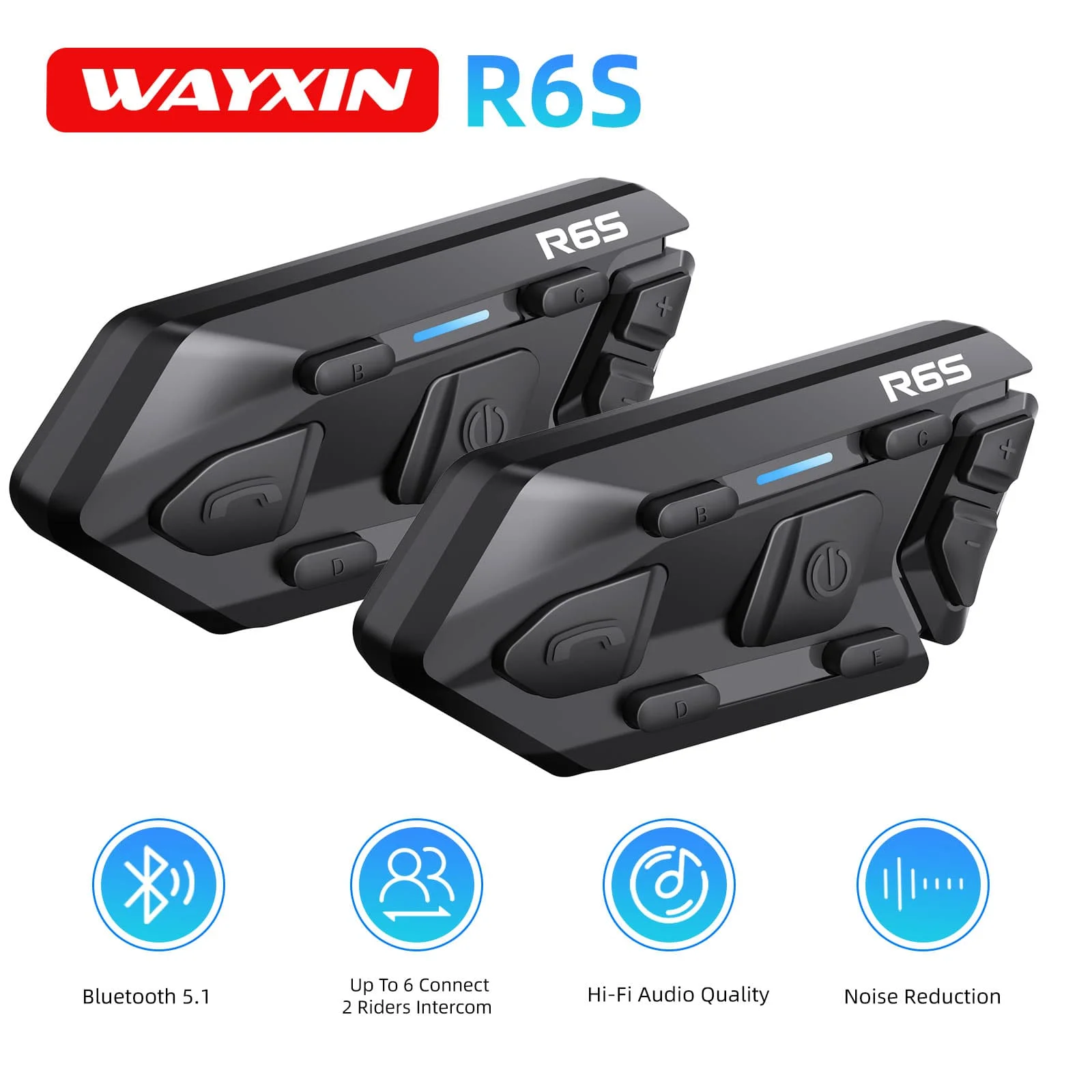 WAYXIN R6s Helmet Headset Motorcycle Intercom 6 Riders Helmet Hands Free Communication Interphon 1200m BT 5.0 MP3 GPS Waterproof