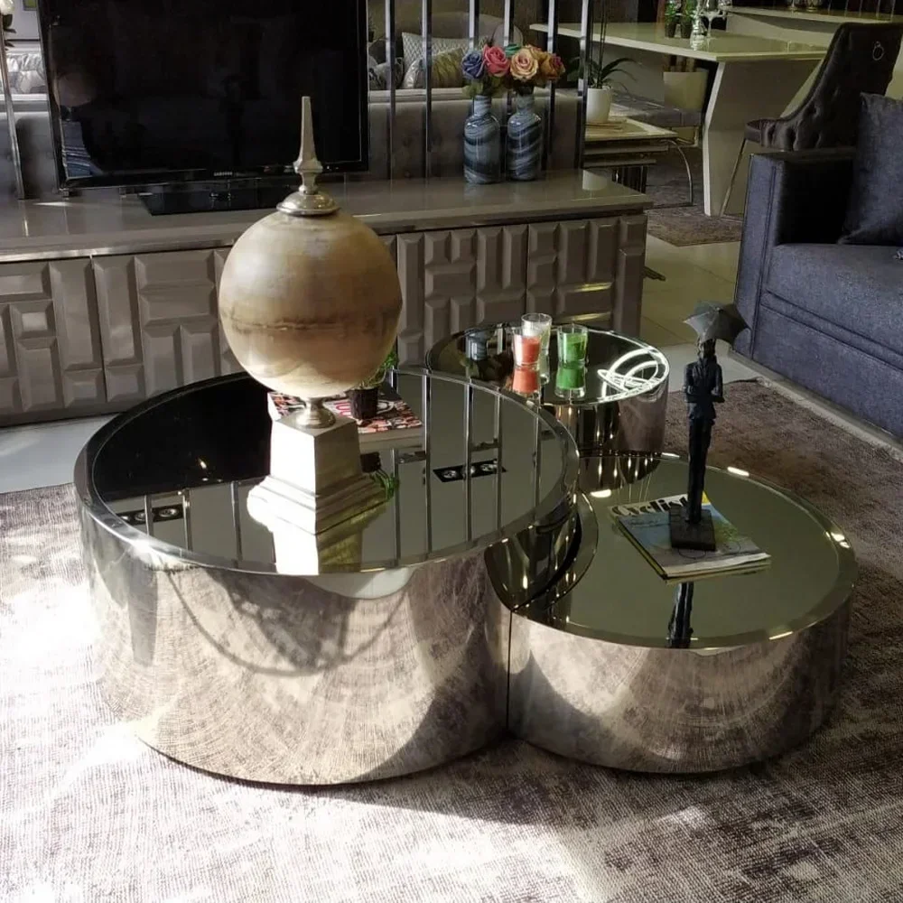 Italian minimalist stainless steel toughened glass coffee table modern light luxury style combination circular marble set