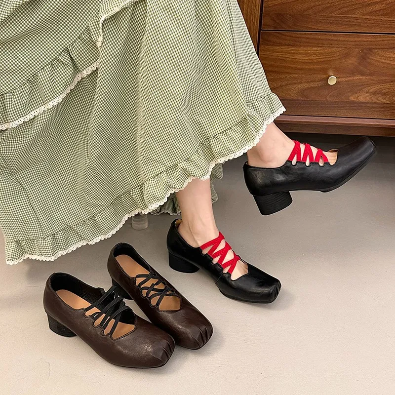 

High Heels Winter New Square Toe Shallow Mouth Lace-up Soft Sole Anti-slip Wear-resistant Low-top Single Shoes