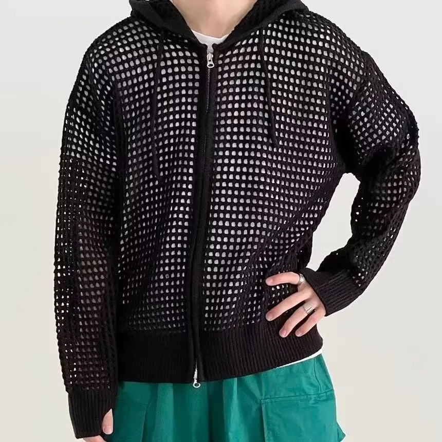 Hoodie Uniseks Kardigan Rajutan Berkerudung Berlubang Trendi untuk Pria Mantel Sweter Ritsleting Longgar Musim Semi Musim Gugur Pakaian Luar Kasual