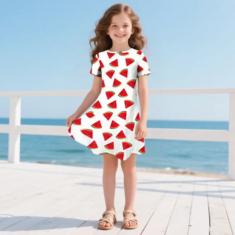 

2025 Girl Cute Summer Beach Casual Watermelon Print Short Sleeve Dress