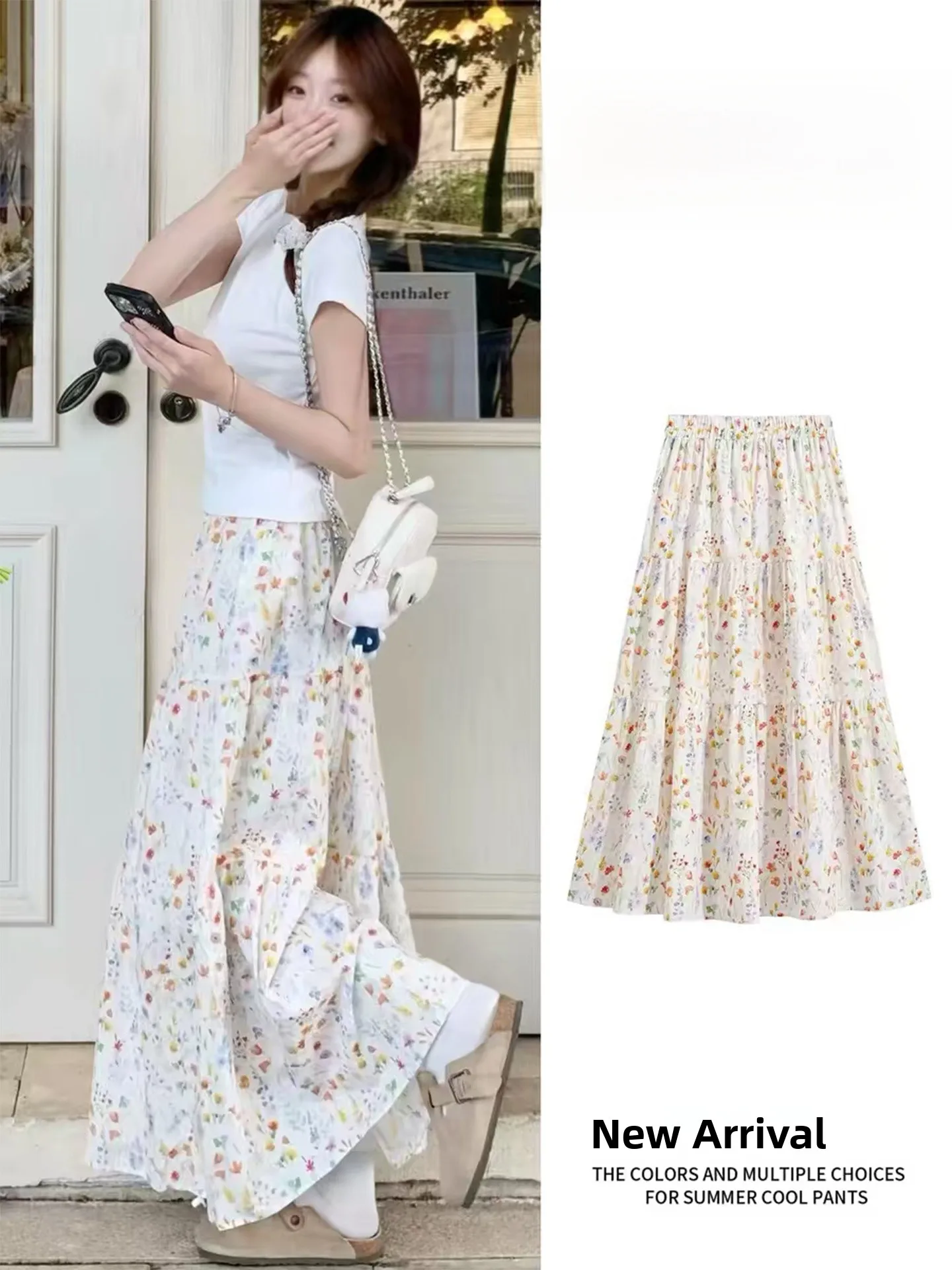 

White Floral A-Line Skirt Women Summer plus Size 300 Pounds Elegant Sweet Slimming Cake Long Skirt High Waist Elastic