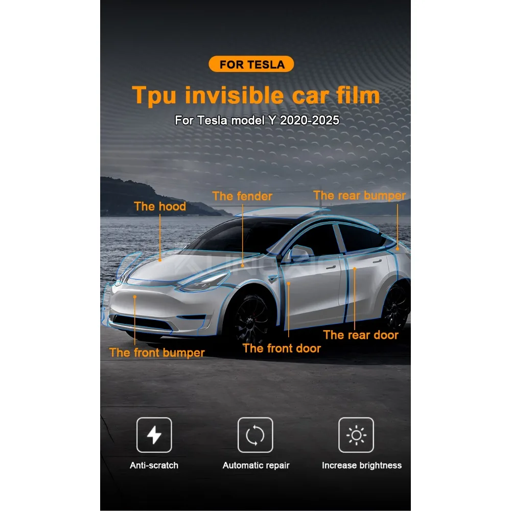 For Tesla Model Y 2020- 2025  Car Pre‑Cut Recolor TPU Self‑Healing Protection Film Anti‑Scratch UV Resistant Clear