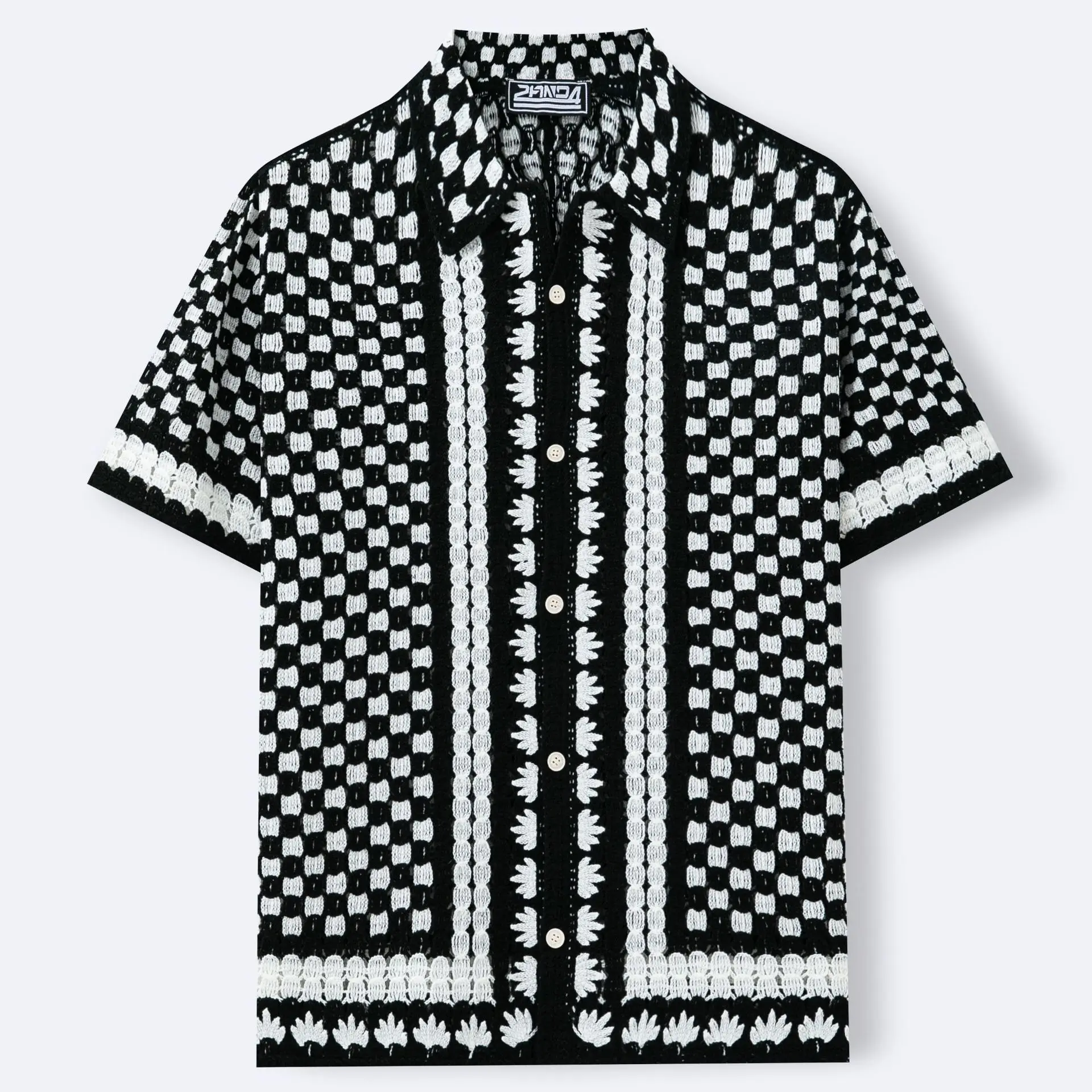 Men's Knitwear Summer Luxury Fashion Short Sleeve Black and White Color Block Breathable Casual Crochet Polo Shirt Top