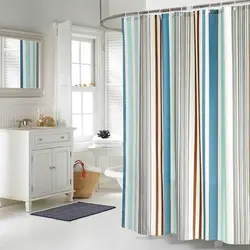 Shower curtain 180x180 cm, fanproof fabric, waterproof with 12 white rings, coloured stripes