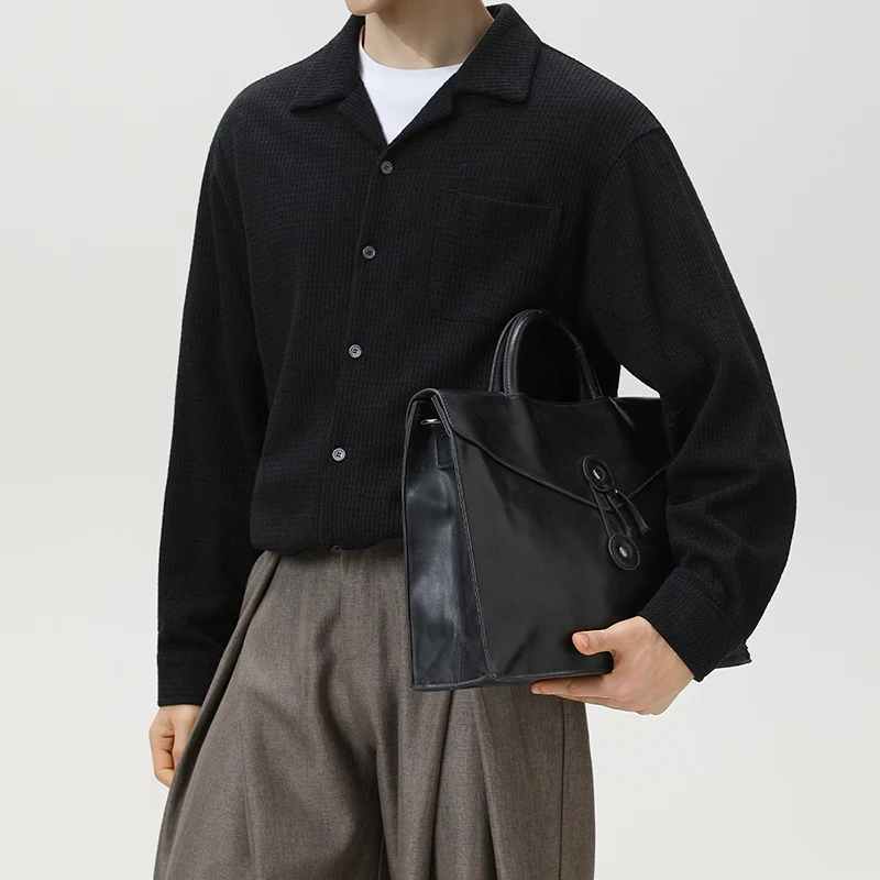 Kemeja Pria Lengan Panjang Bergaya Musim Semi Gugur Baru Kasual Warna Solid Bernapas Tekstur Kemeja Pria Vintage Kancing Kerah Lipat