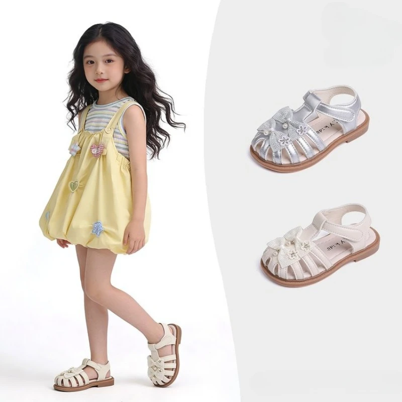 

Summer Kids Flower Bow Sandals Toddler Woven Girls Closed Toe Shoes Causal Lightweight Children Hollow-out Dress Flat Sandals