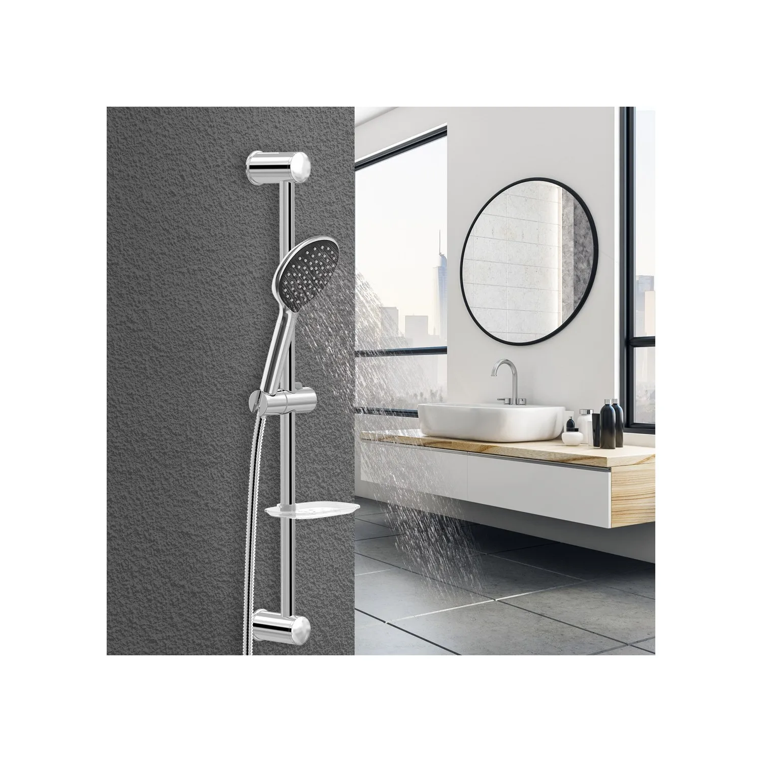 Baymera Deluxe Chrome Space Sliding Shower Set VLTM-6060 Stainless Double Clamped Hose Ergonomic Transparent Soap Dispenser