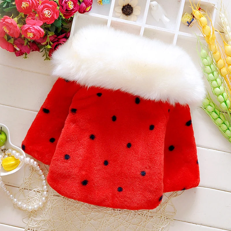 Winter 1 year toddler baby\'s birthday Christmas outfits polka dot fur collar cape jacket outerwear for infant girl\'s cloth coats