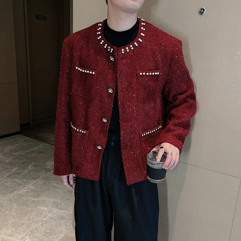 

Зимняя свободная куртка на пуговицах со стразами и жемчугом, мужская плетеная свободная повседневная короткая куртка, уличная одежда в социальном стиле, короткое пальто