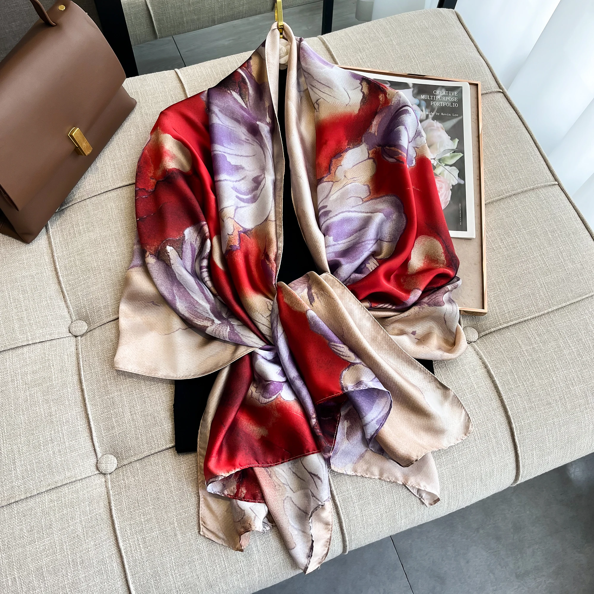 180X90CM Satin Shawls Autumn Colour Print Bandanna Luxury Silk Scarf Scarves Popular Sunscreen Beach Towel Foulard