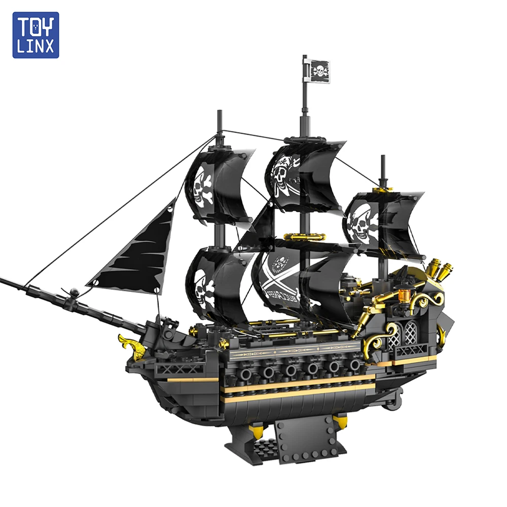 Mystery Pirate Ship Bricks Model Black Gold Color Scheme 3D Puzzle Challenge Collectible Naval Ship Encourages Creativity Skills view 6