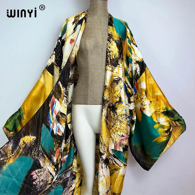 Winyi 2023 Vrouwen Casual Afrikaanse Kaftan Robe Graffiti Print Lange Mouwen Beach Cover Up Maxi Jurk Mode Kimono Vakantie Vest