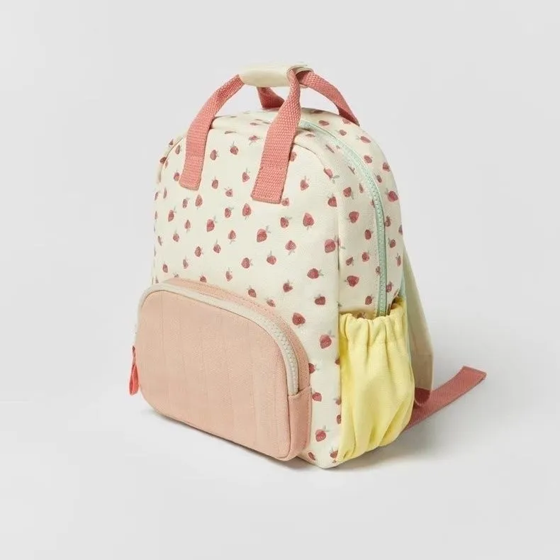 Mochila con estampado de fresas para bebés y niñas, mochilas escolares divertidas y lindas, bolsas pequeñas de lona de dos hombros de colores, nuevo estilo