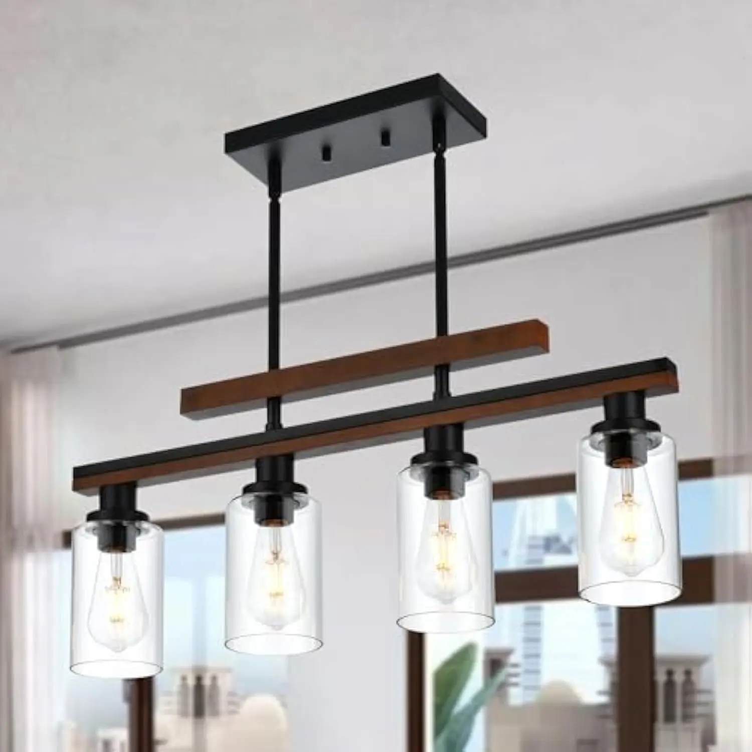 

Wood linear pendant light farmhouse chandelier 4-light dining room light fixture over table kitchen island lighting rustic chan