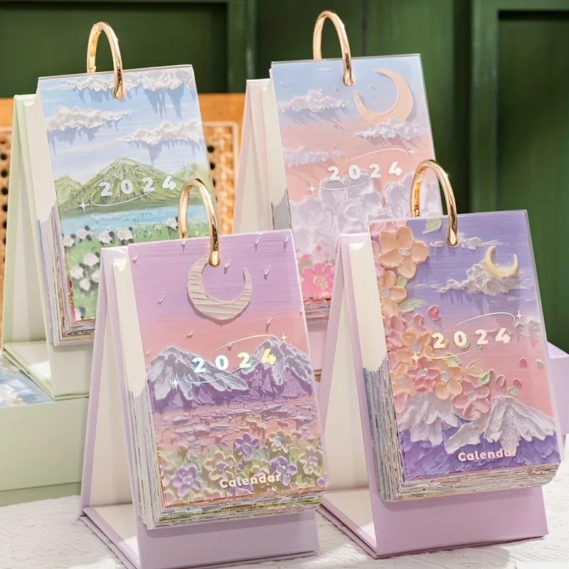 

2024 Creative Aesthetic Oil Painting Fresh Desktop Planner Desk Calendar