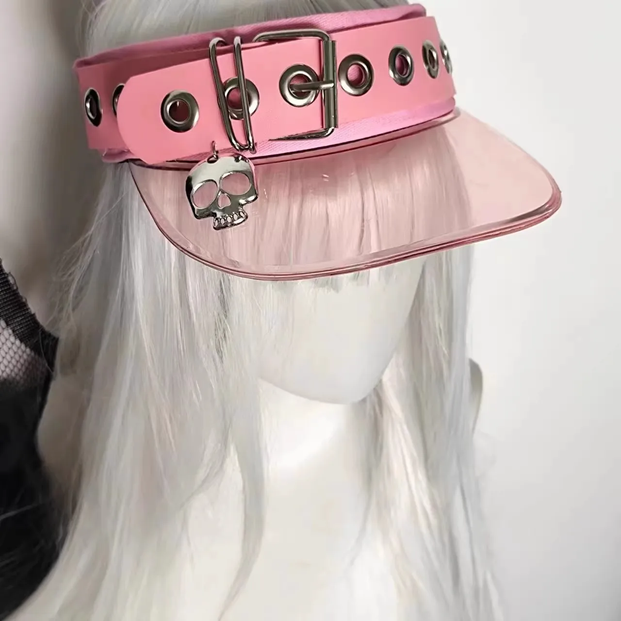 Skull baseball cap 2000s punk subculture low-profile no-top sun hat with unique leather buckle and jelly-like brim open-top hat. view 3