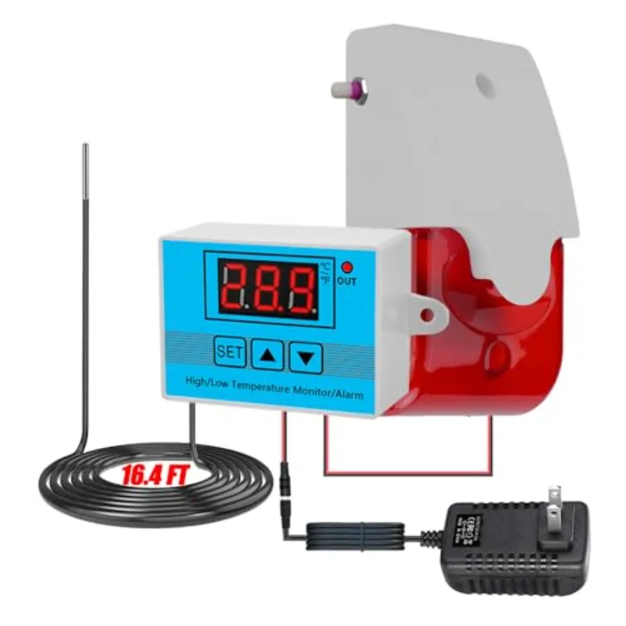 

12V High/Low Temperature Monitor, Temperature Sensor with 5M Waterproof Probe, 0~120dB Adjustable ble/Visual Freezer Alarm, Ref