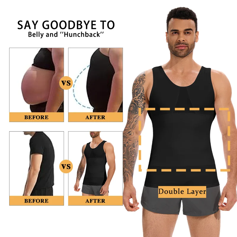 Men Compression Tank Top Slimming Shapewear Double Layer Tummy Control Breathable Mesh Bust Body Shaper High Elastic Undershirt
