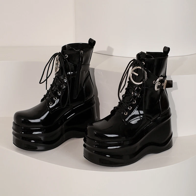 Plus Size Wedge Three Layer Platform Glossy Patent Leather Punk Women\'s Ankle Boots Metal Belt Buckle Cross Lace Zipper Shoes