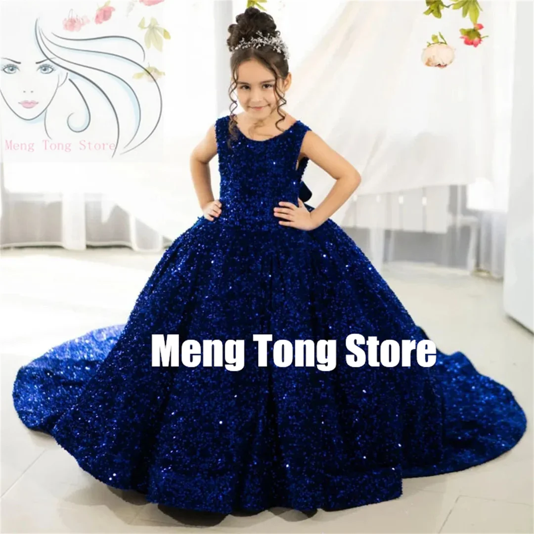 

Customized Flower Girl Dresses Sequin With Bow And Trailing Sleeveless For Wedding Prom Birthday Party Banquet Princess Gowns