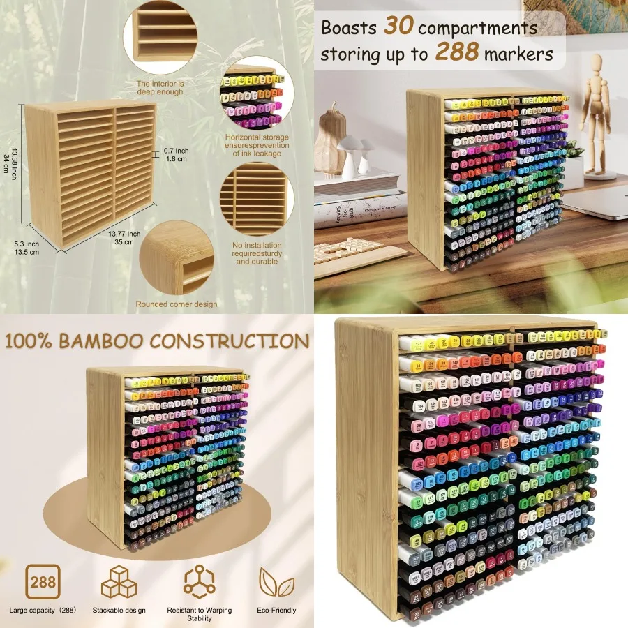 

Бамбуковый органайзер для маркеров 288, настольная ручка, художественные принадлежности, ручки, кисти, держатель для спиртовых маркеров премиум-класса, органайзер для искусств
