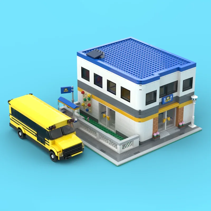 Street View Model Moc Building Blocks Schools and Buses Model Technology Brick DIY Assembly Construction Toy Holiday Gifts