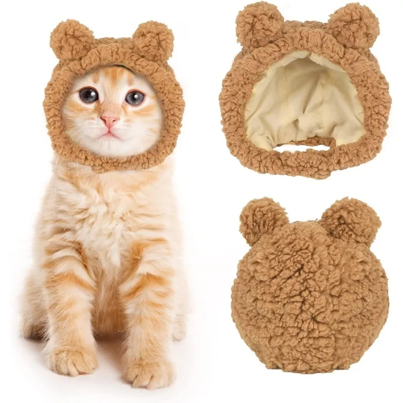 Funny Cat Cap Adjustable Soft Small Pet Headwear Bear Hat Cat Dog Woven Warm Headdress Pet Hat Kitten Puppy Cosplay Accessories