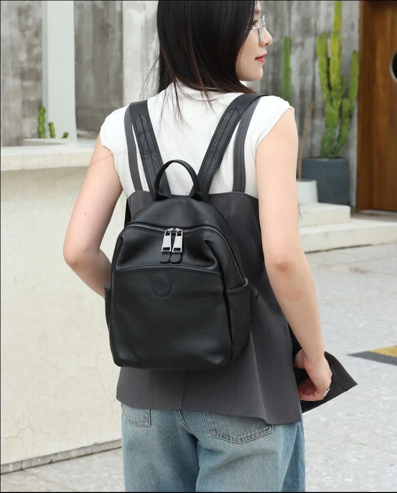 Zency Black Genuine Leather Women's Backpack Knapsack Multi-pockets Convertible Shoulder Bag Purse for Daily Use College Preppy