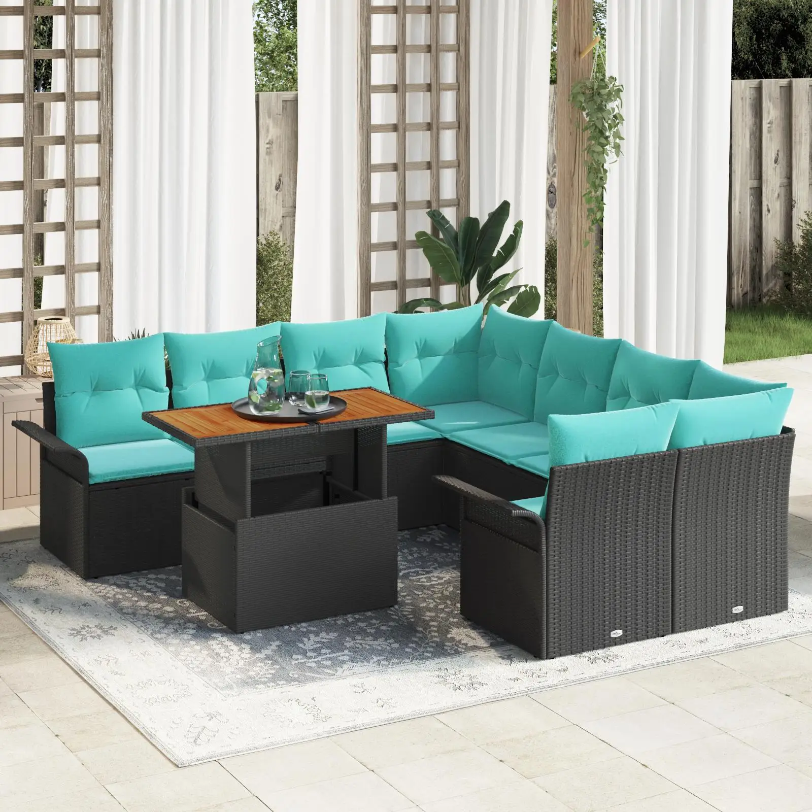 

9 Piece Outdoor Garden Sofa Set with Cushions Black Rattan Acacia Furniture