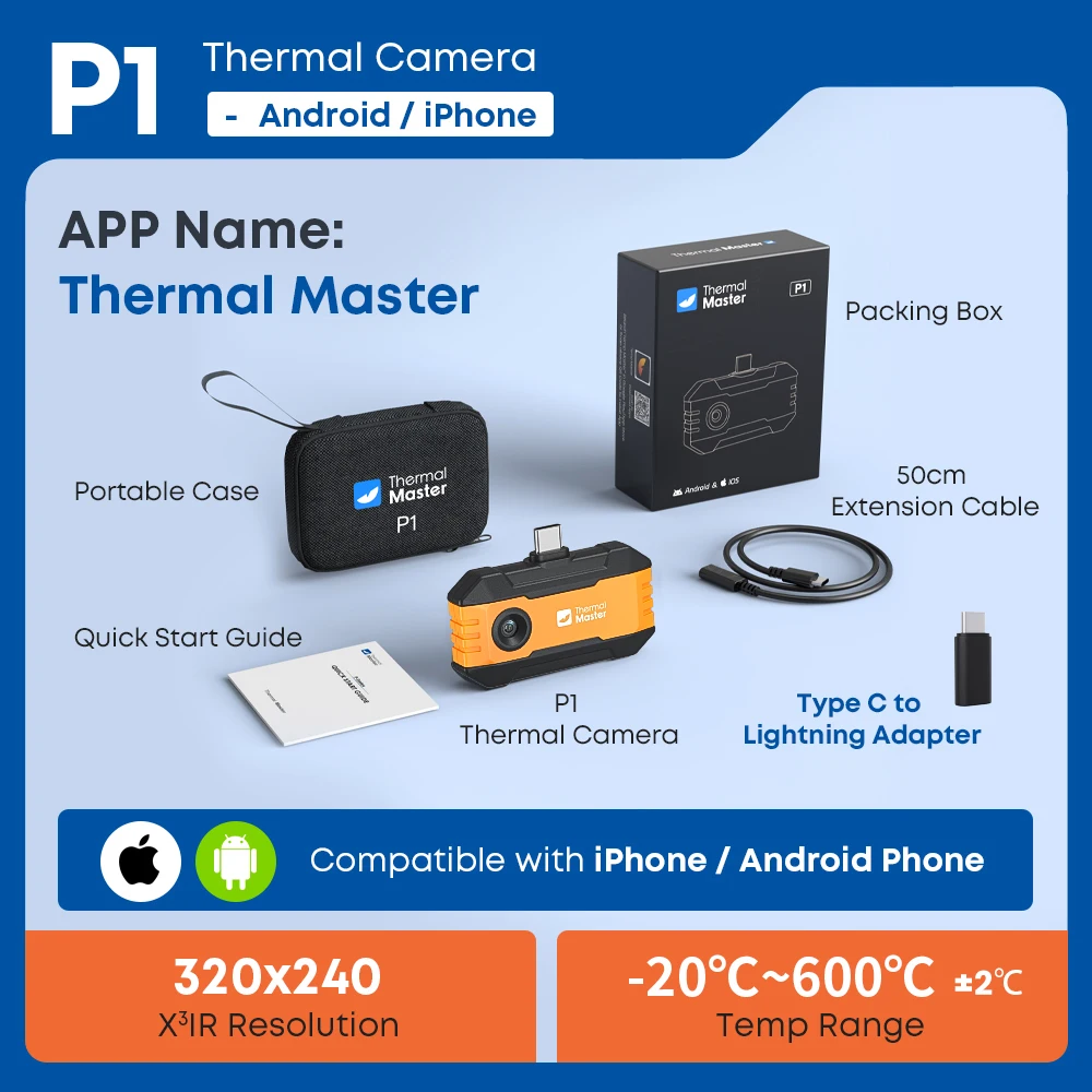 (iOS Android) P1 Wärmebildkamera 320*240 Rasiermesserscharfes Wärmebild 600 ℃ Hochtemperatur-USB-C-Infrarot-Wärmebildkamera für HVAC/Gebäude-/Elektroinspektion für iPhone und Android Smartphones mit