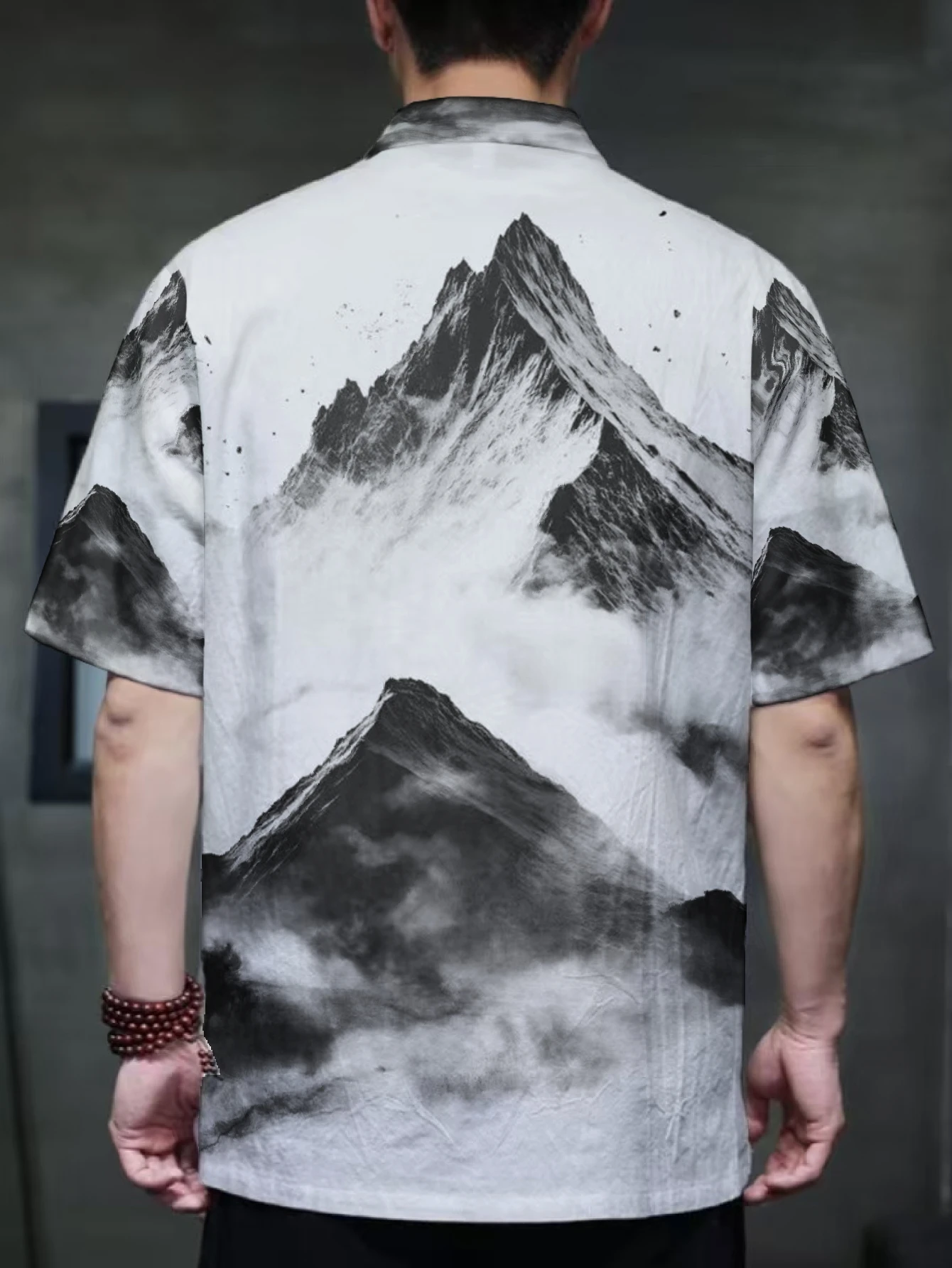 Men Mandarin Collar Short Sleeve Shirt Ink Wash Mountain Landscape Print Frog Button Casual Ethnic Outer Top