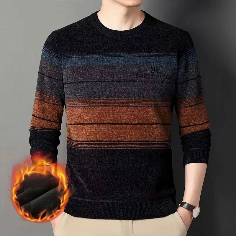 Thicken Winter Thermal Men Plus Fleece Sweater Loose Round Neck Long Sleeve Printing Stripe Contrast Color Pullover Knitted Tops